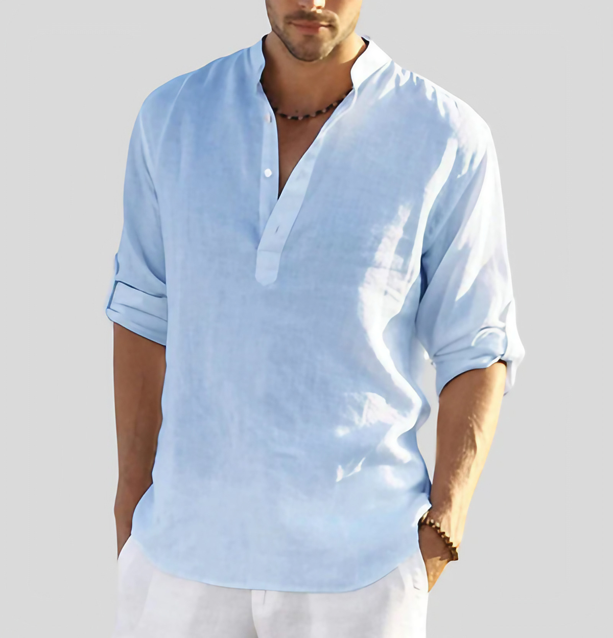 Chemise d'été homme à manches courtes, coupe ample, sept coloris, bleu clair