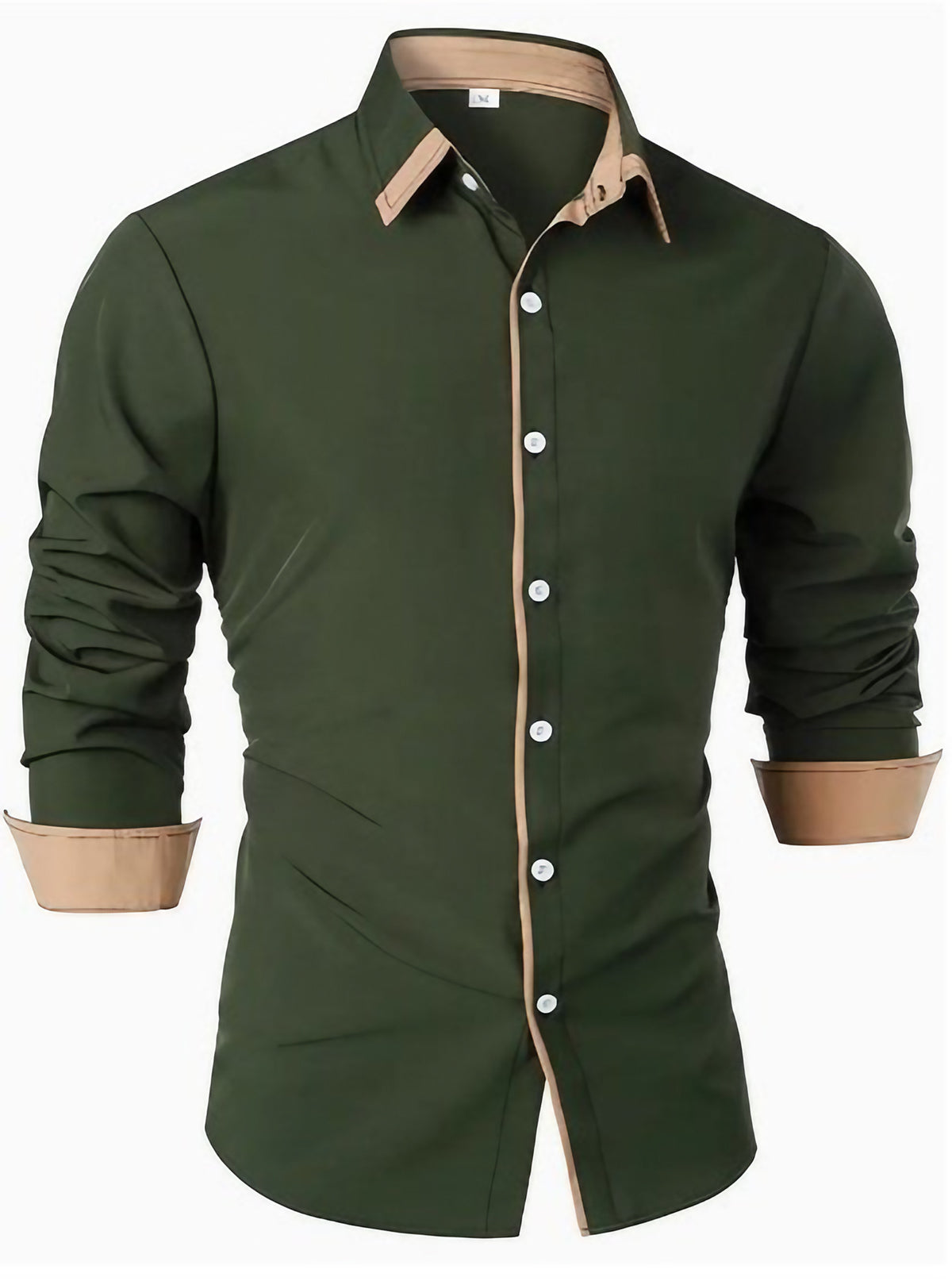 Chemise homme ajustée à finitions contrastées, manches longues, vert armée