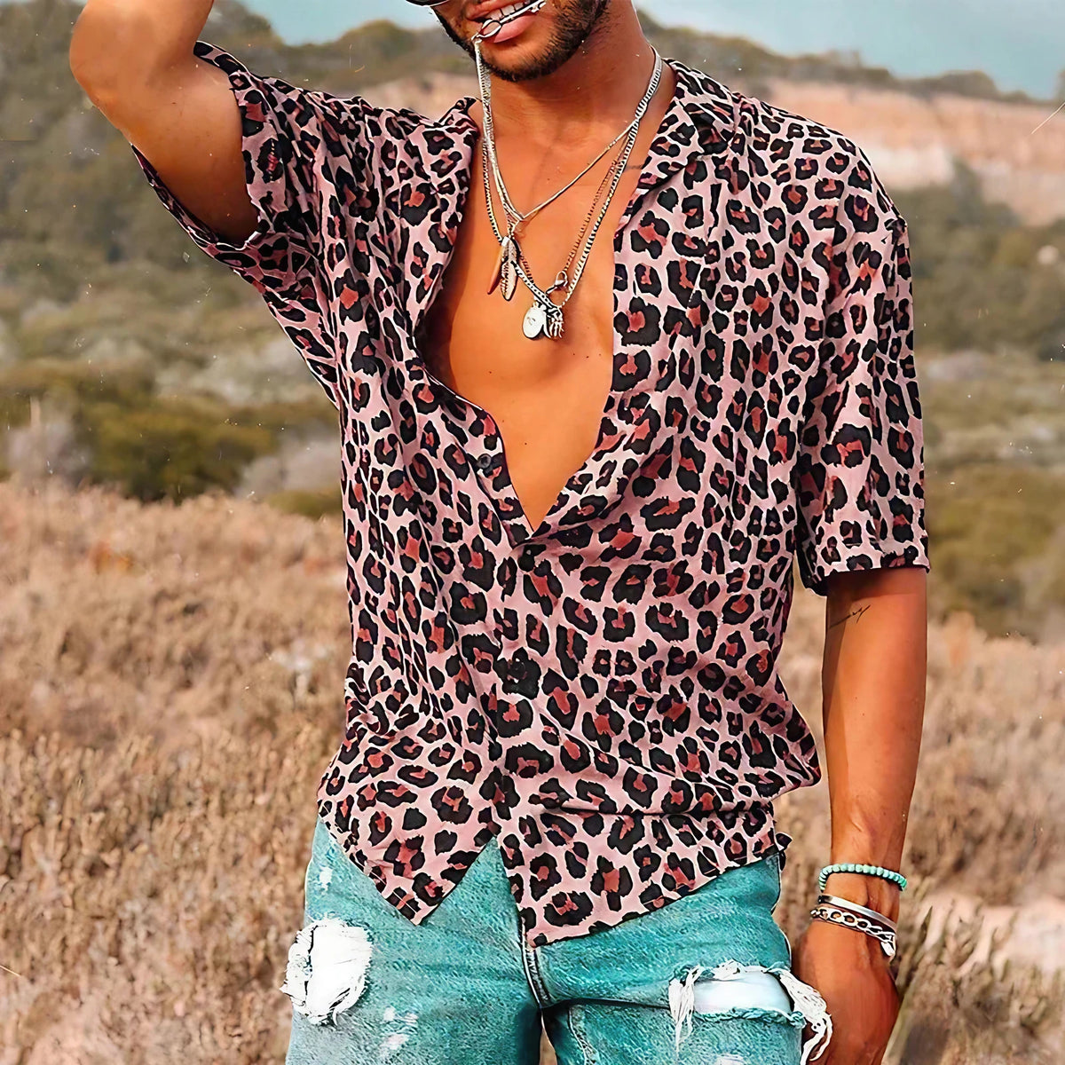 Chemise homme à motif léopard, quatre coloris, du S au 3XL, rose