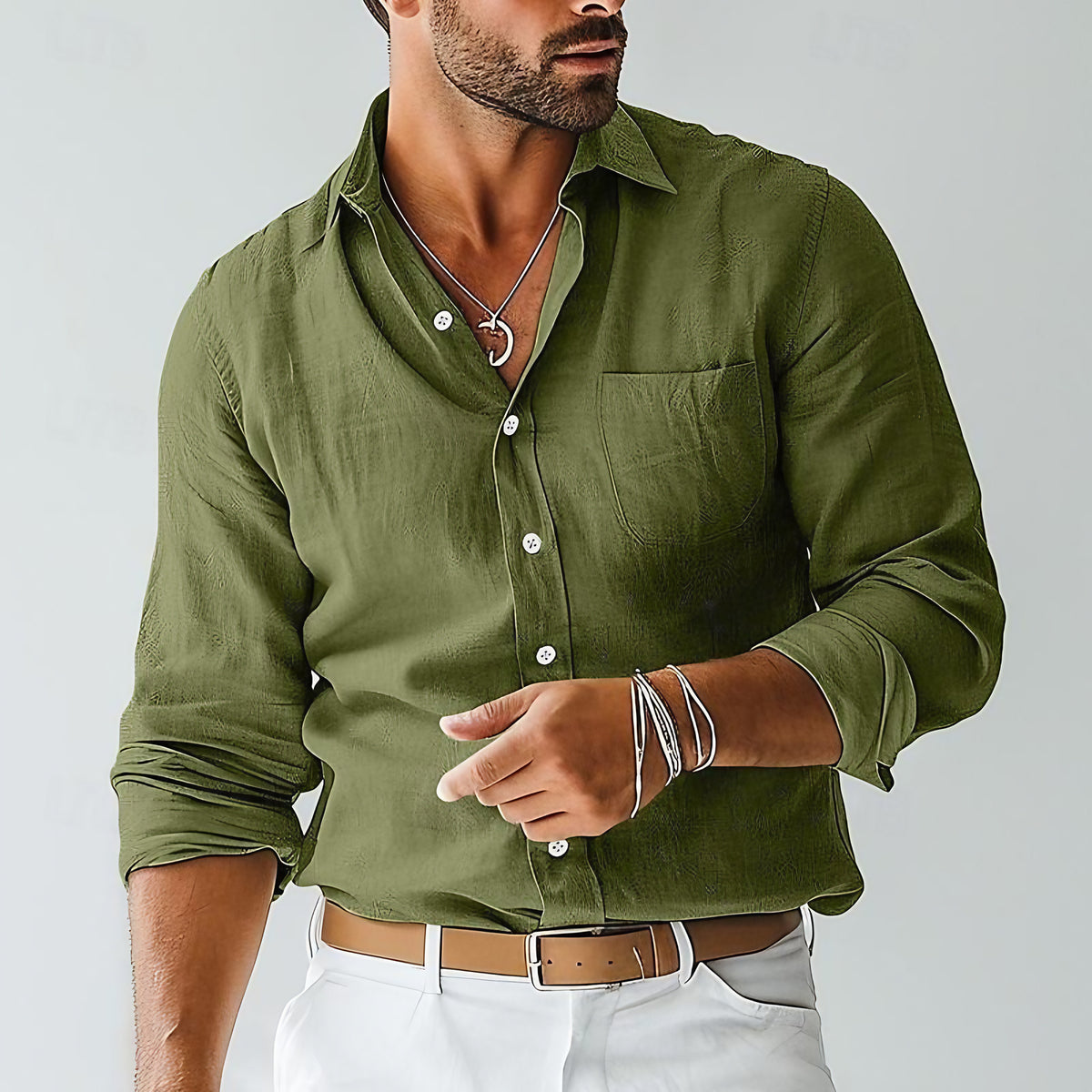 Chemise légère homme à manches longues, coupe décontractée, vert militaire