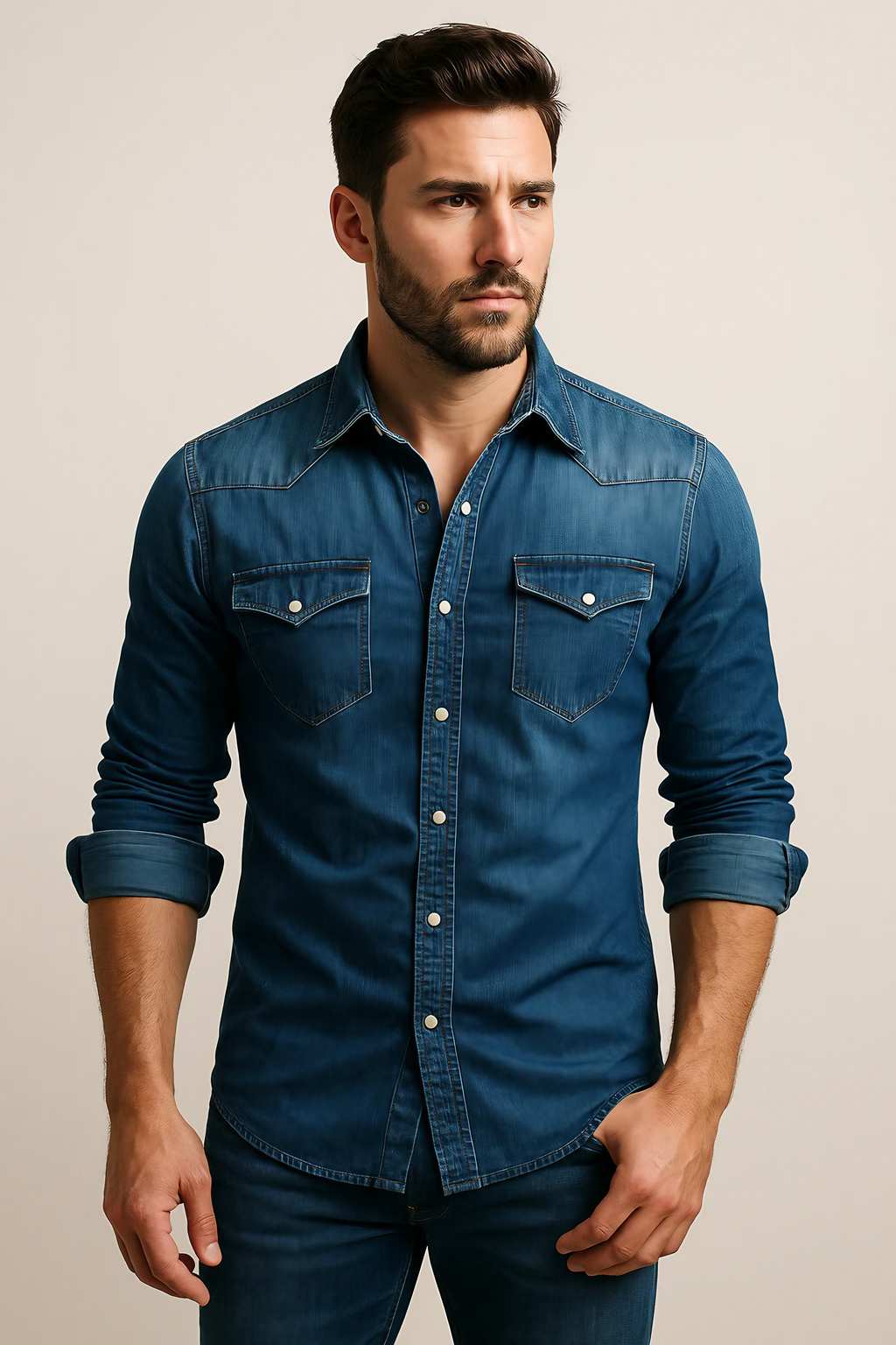 Chemise homme coupe slim à manches longues, col classique, bleu foncé