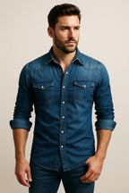 Chemise homme coupe slim à manches longues, col classique, bleu foncé