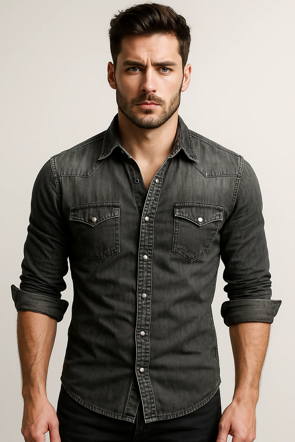 Chemise homme coupe slim à manches longues, col classique, noir