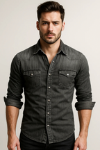 Chemise homme coupe slim à manches longues, col classique, noir