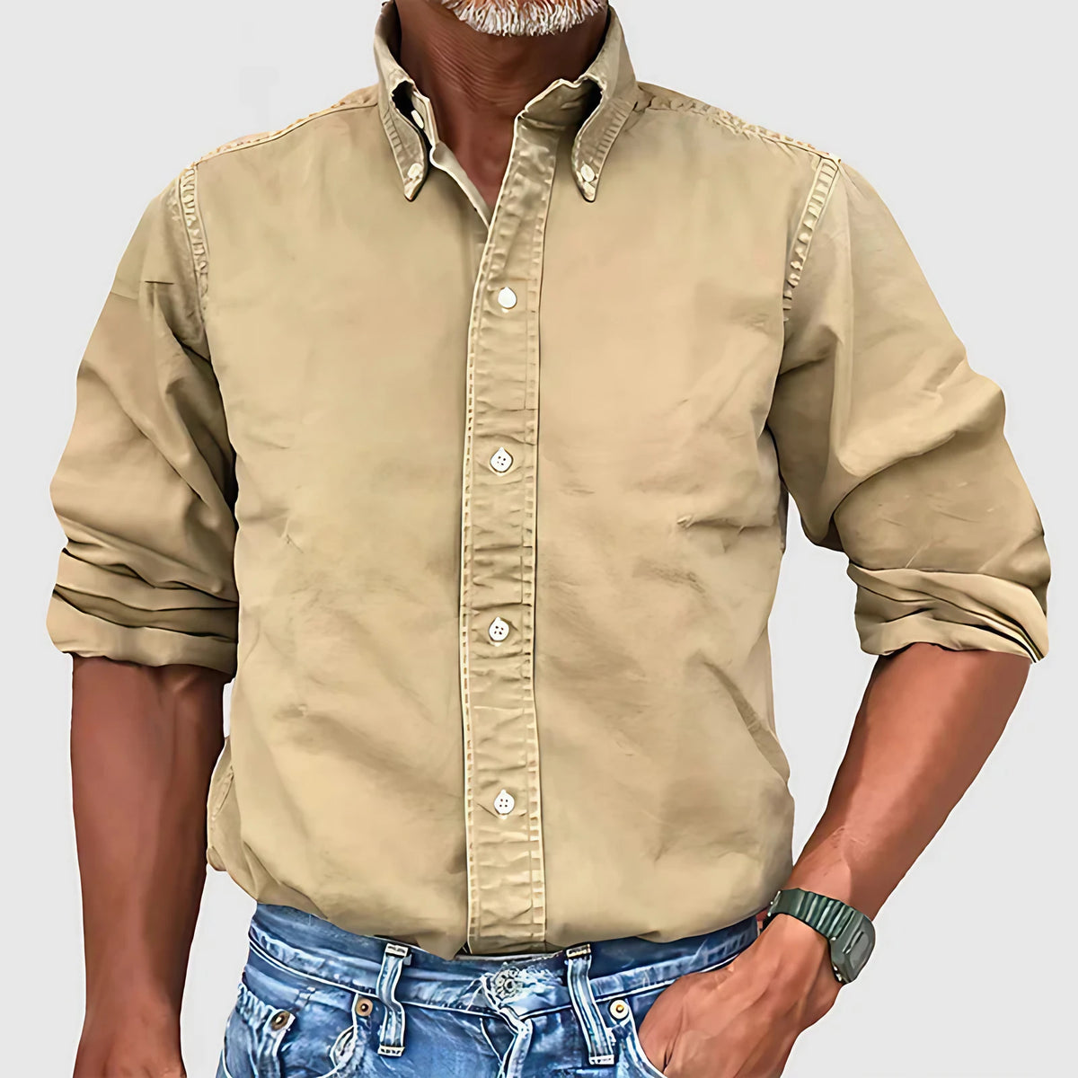 Chemise homme délavée style vintage, manches longues, kaki
