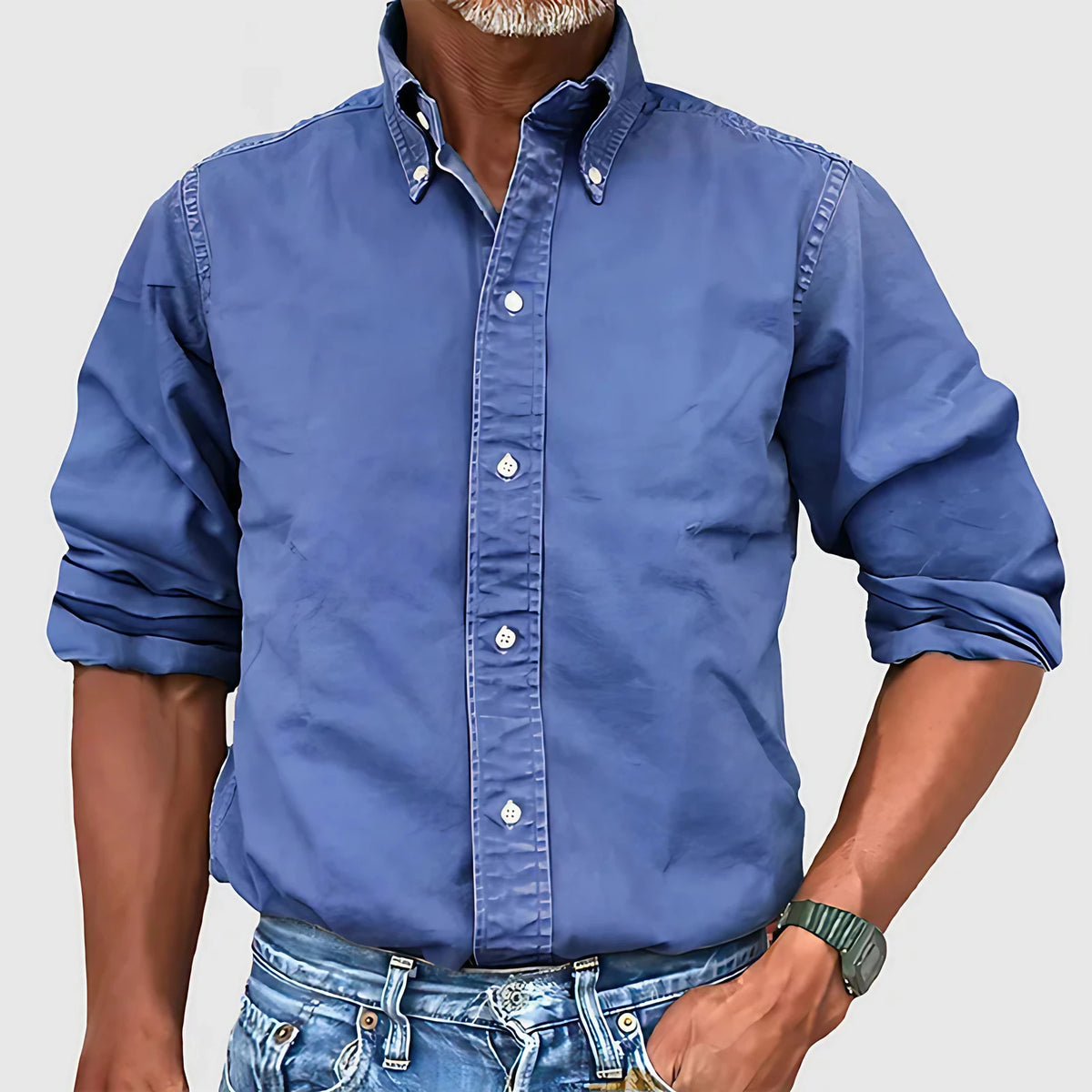 Chemise homme délavée style vintage, manches longues, bleu