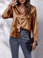 Chemise femme à manches longues boutonnée, treize coloris, marron