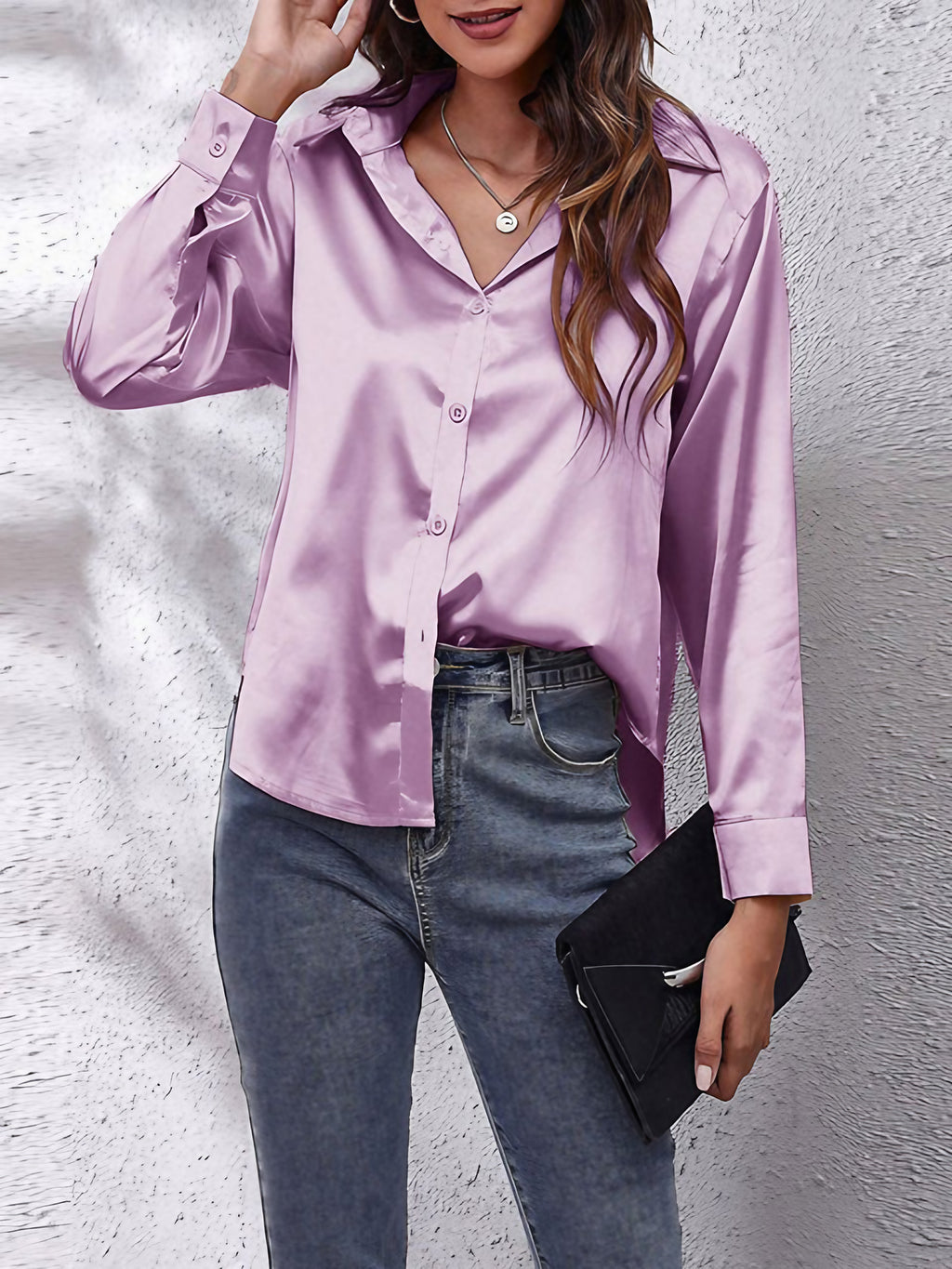Chemise femme à manches longues boutonnée, treize coloris, lila