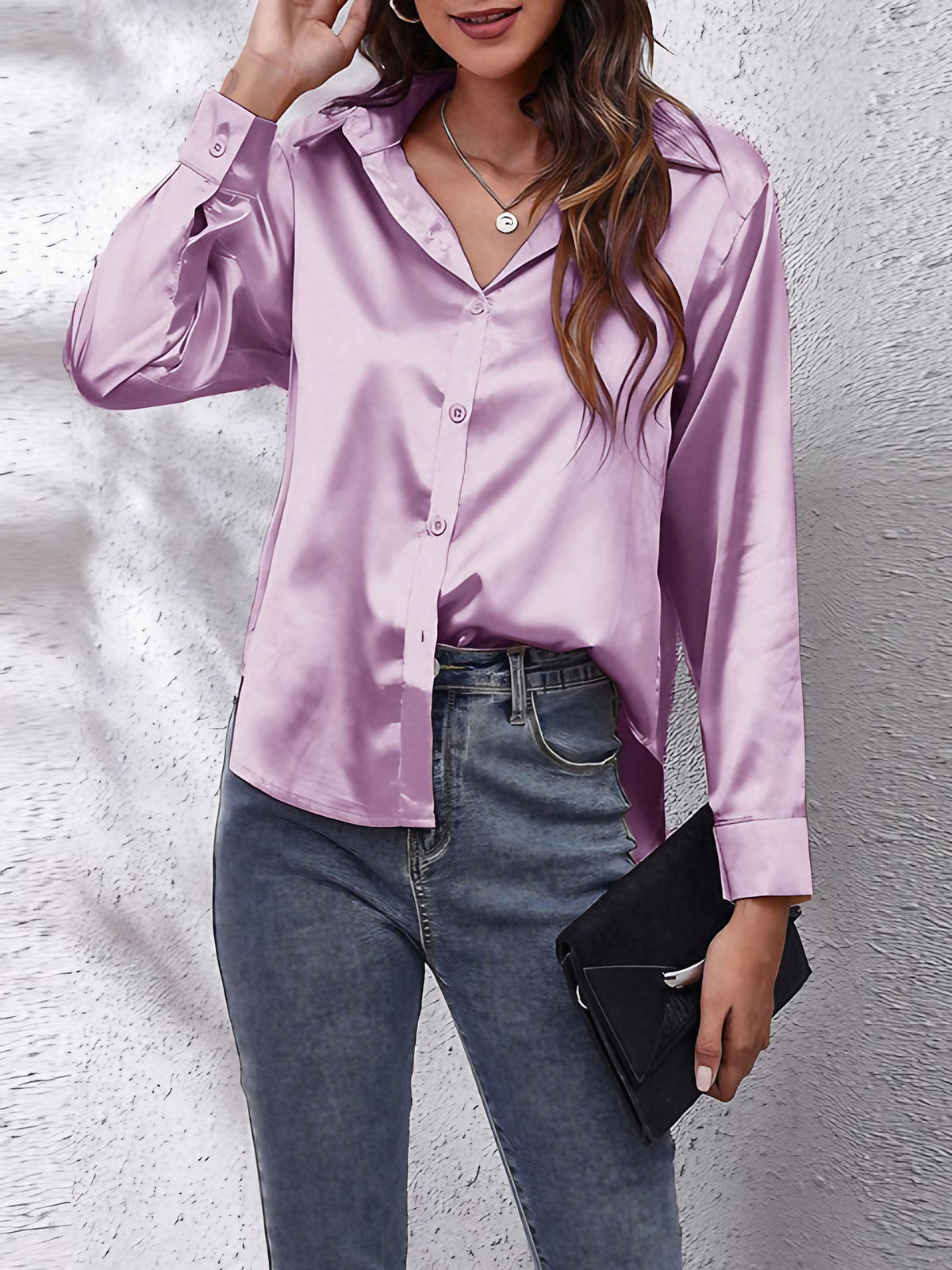Chemise femme à manches longues boutonnée, treize coloris, lila