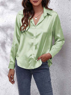 Chemise femme à manches longues boutonnée, treize coloris, vert clair
