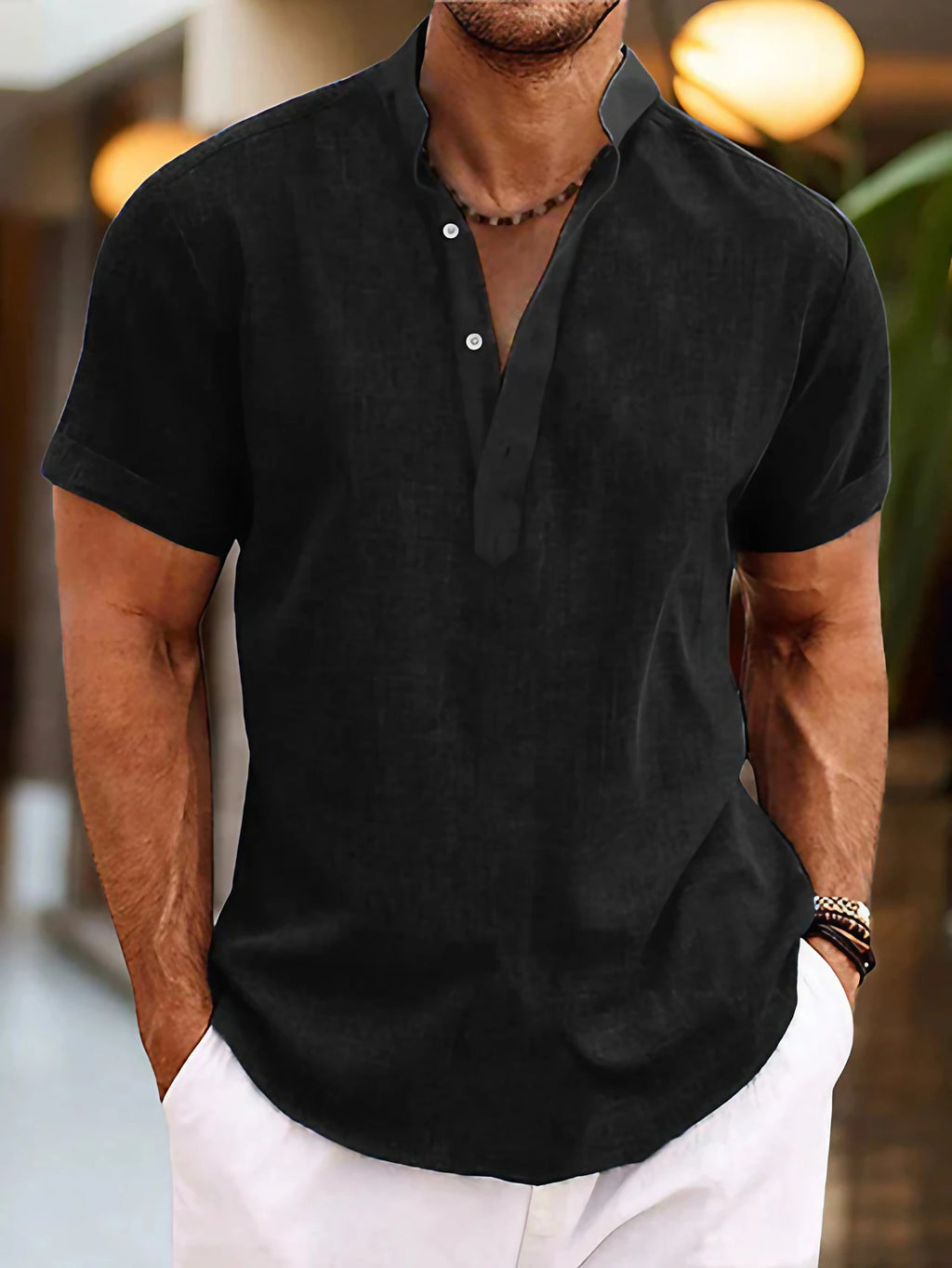 Chemise homme col Henley à manches courtes, huit coloris, noir