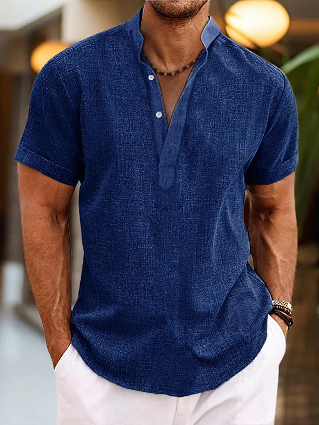 Chemise homme col Henley à manches courtes, huit coloris, bleu