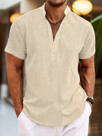 Chemise homme col Henley à manches courtes, huit coloris, kaki