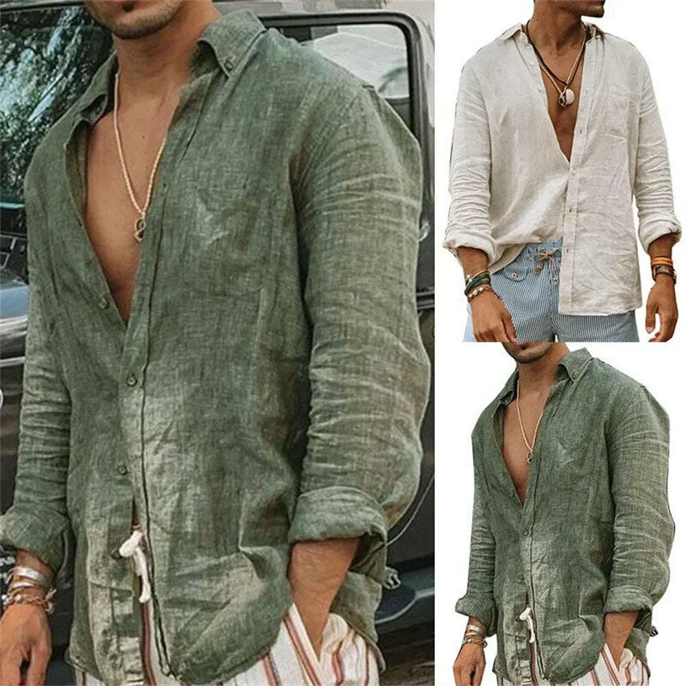 Chemise homme d'été à manches longues, vert ou blanc, du S au 3XL