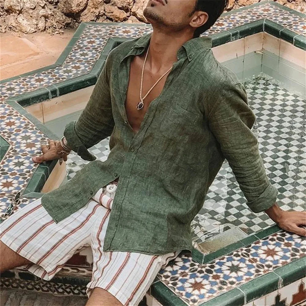 Chemise homme d'été à manches longues, vert ou blanc, du S au 3XL