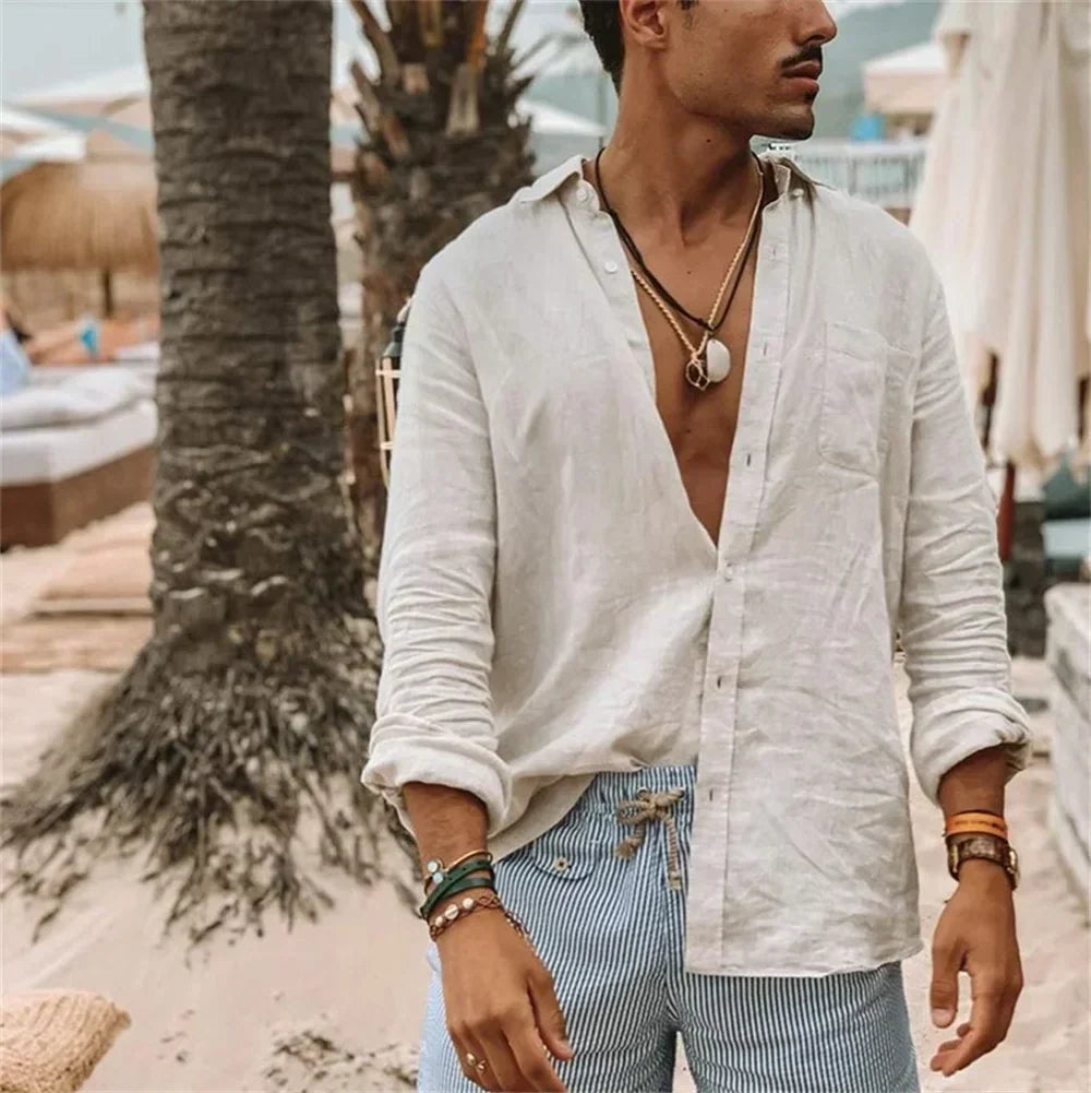 Chemise homme d'été à manches longues, vert ou blanc, du S au 3XL