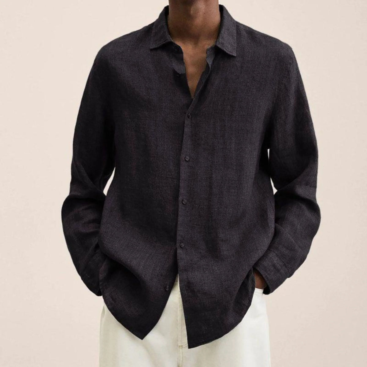 Chemise homme à col structuré, tissu aéré, douze coloris, noir