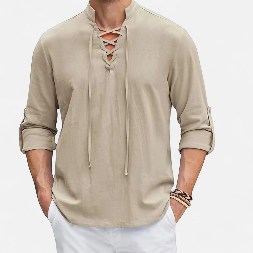 Chemise médiévale homme, col lacé et manches longues amples, kaki
