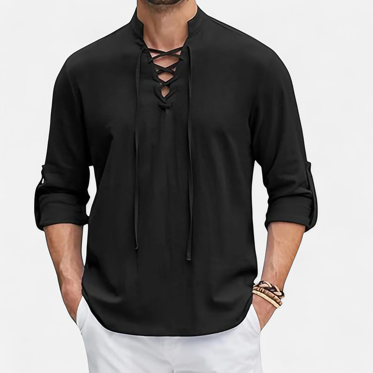 Chemise médiévale homme, col lacé et manches longues amples, noir