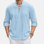 Chemise médiévale homme, col lacé et manches longues amples, bleu