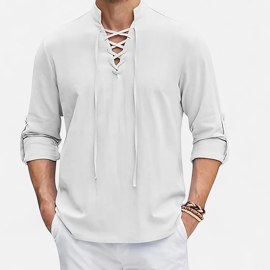 Chemise médiévale homme, col lacé et manches longues amples, blanc
