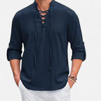Chemise médiévale homme, col lacé et manches longues amples, bleu marine