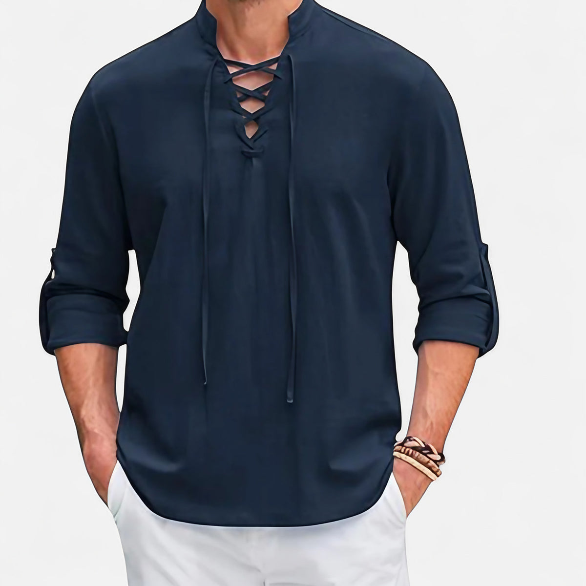 Chemise médiévale homme, col lacé et manches longues amples, bleu marine