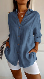 Chemise femme plissée, douze coloris, du S au 3XL, bleu foncé