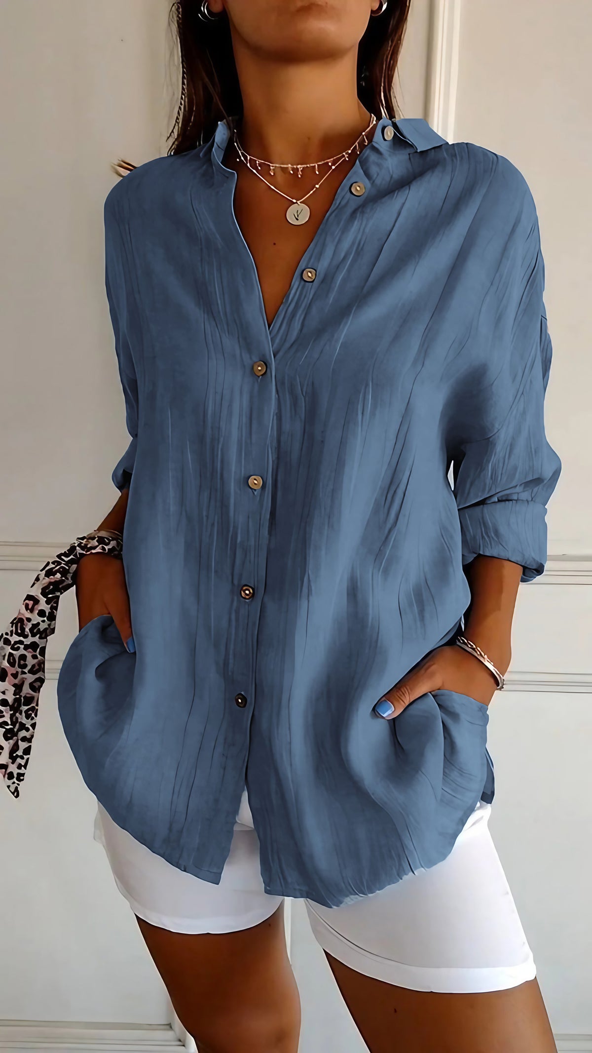 Chemise femme plissée, douze coloris, du S au 3XL, bleu foncé