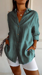 Chemise femme plissée, douze coloris, du S au 3XL, vert