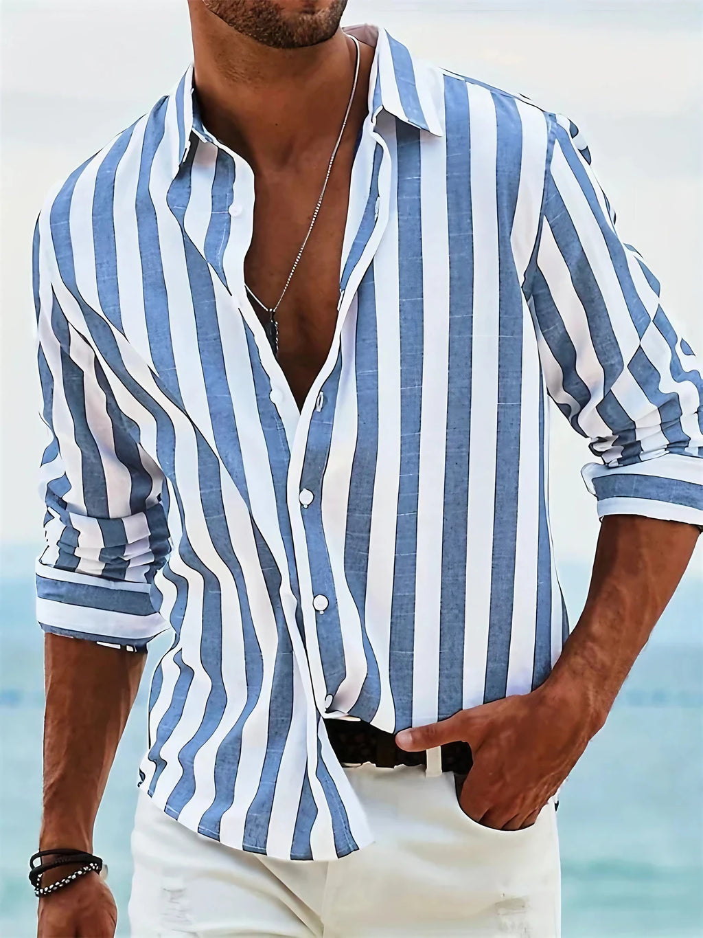 Chemise rayée homme à manches longues, coupe droite, été, bleu