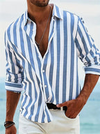 Chemise rayée homme à manches longues, coupe droite, été, bleu