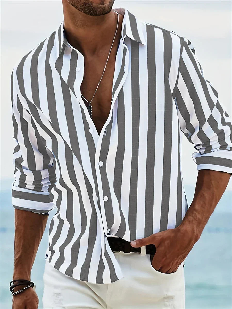 Chemise rayée homme à manches longues, coupe droite, été, gris foncé