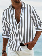 Chemise rayée homme à manches longues, coupe droite, été, gris foncé
