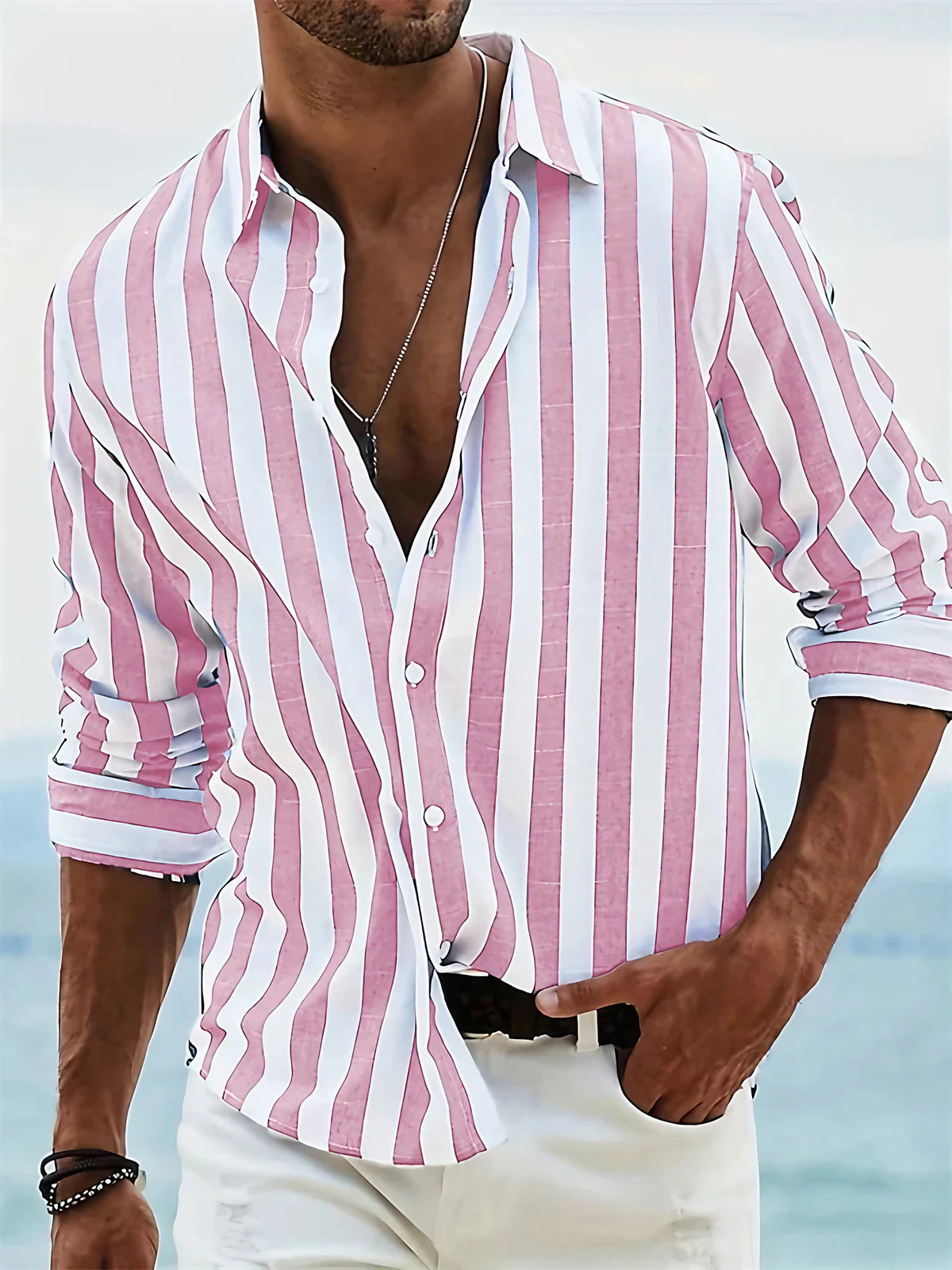 Chemise rayée homme à manches longues, coupe droite, été, rose