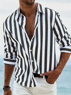 Chemise rayée homme à manches longues, coupe droite, été, noir
