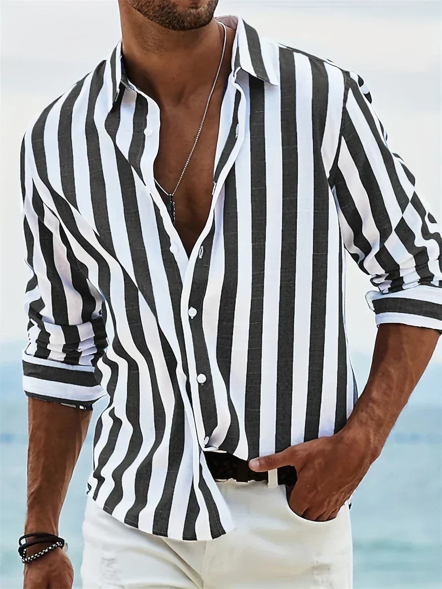 Chemise rayée homme à manches longues, coupe droite, été, noir
