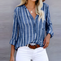 Chemise rayée femme col V boutonné, manches longues, coupe ample, bleu