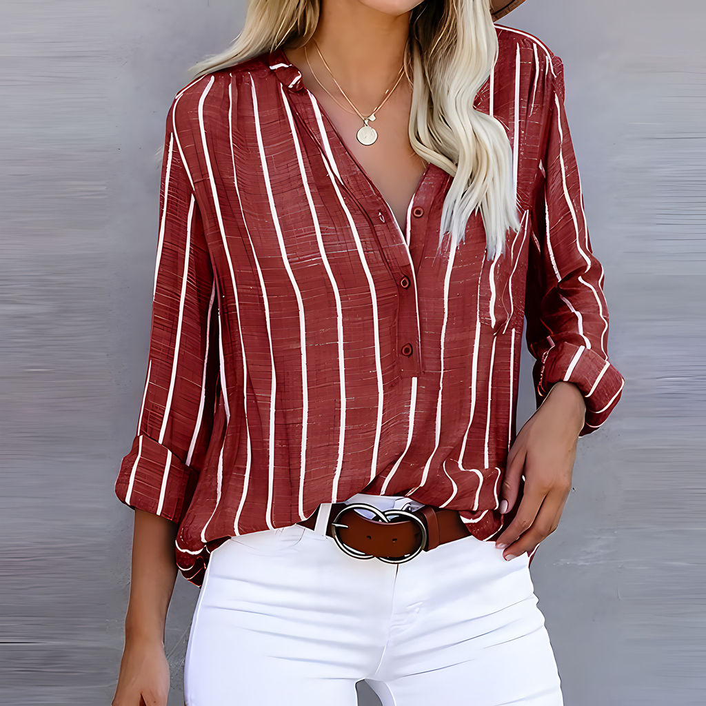Chemise rayée femme col V boutonné, manches longues, coupe ample, rouge