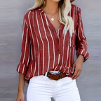 Chemise rayée femme col V boutonné, manches longues, coupe ample, rouge