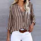 Chemise rayée femme col V boutonné, manches longues, coupe ample, marron