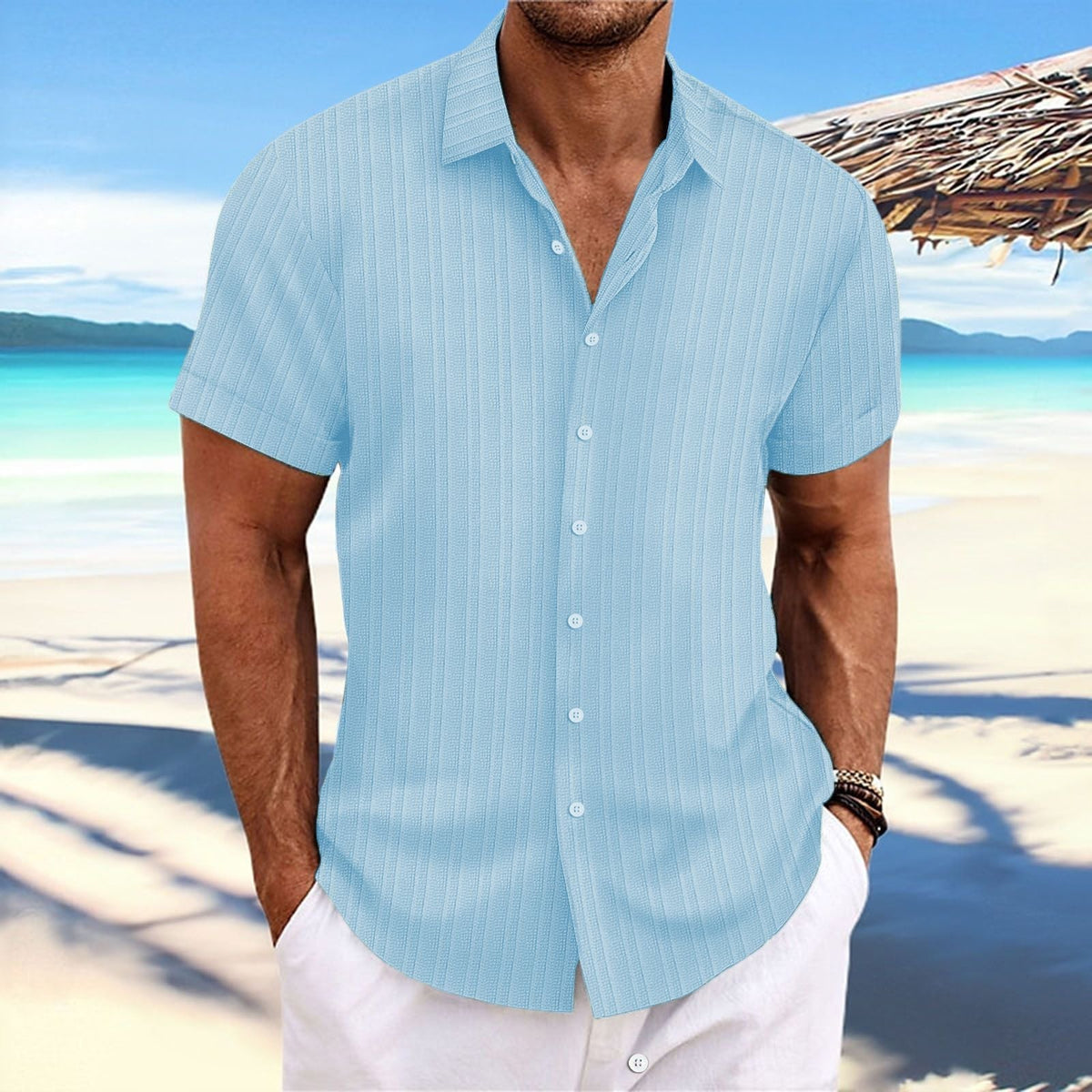 Chemise rayée homme à fines rayures, quinze coloris, bleu clair