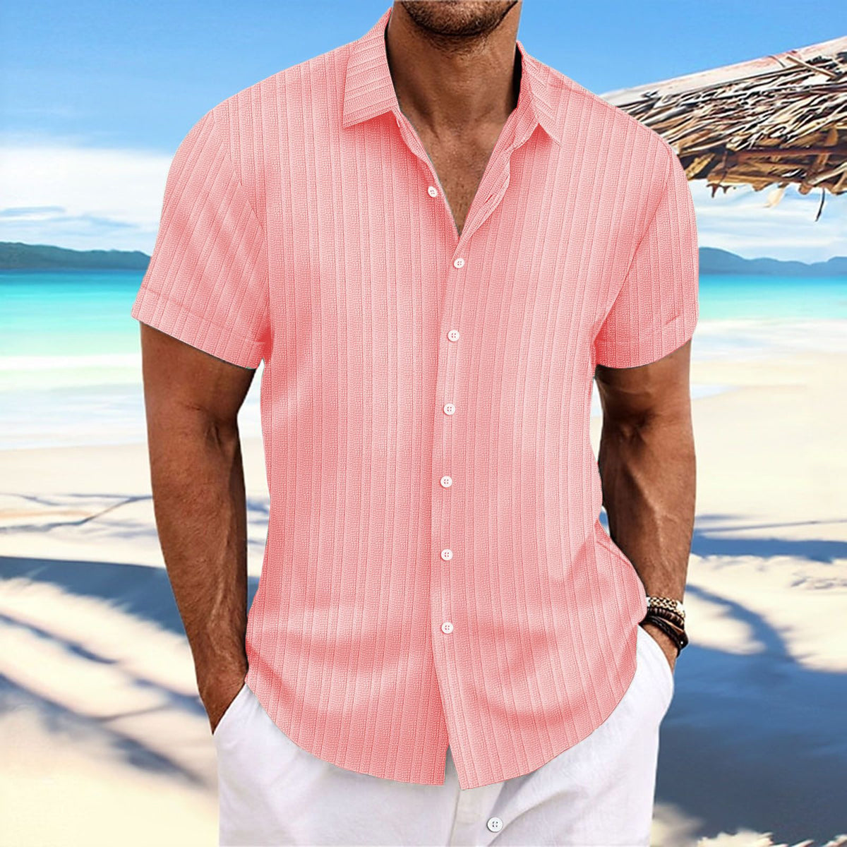 Chemise rayée homme à fines rayures, quinze coloris, pêche