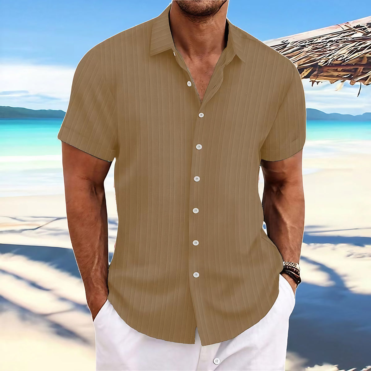 Chemise rayée homme à fines rayures, quinze coloris, caramel