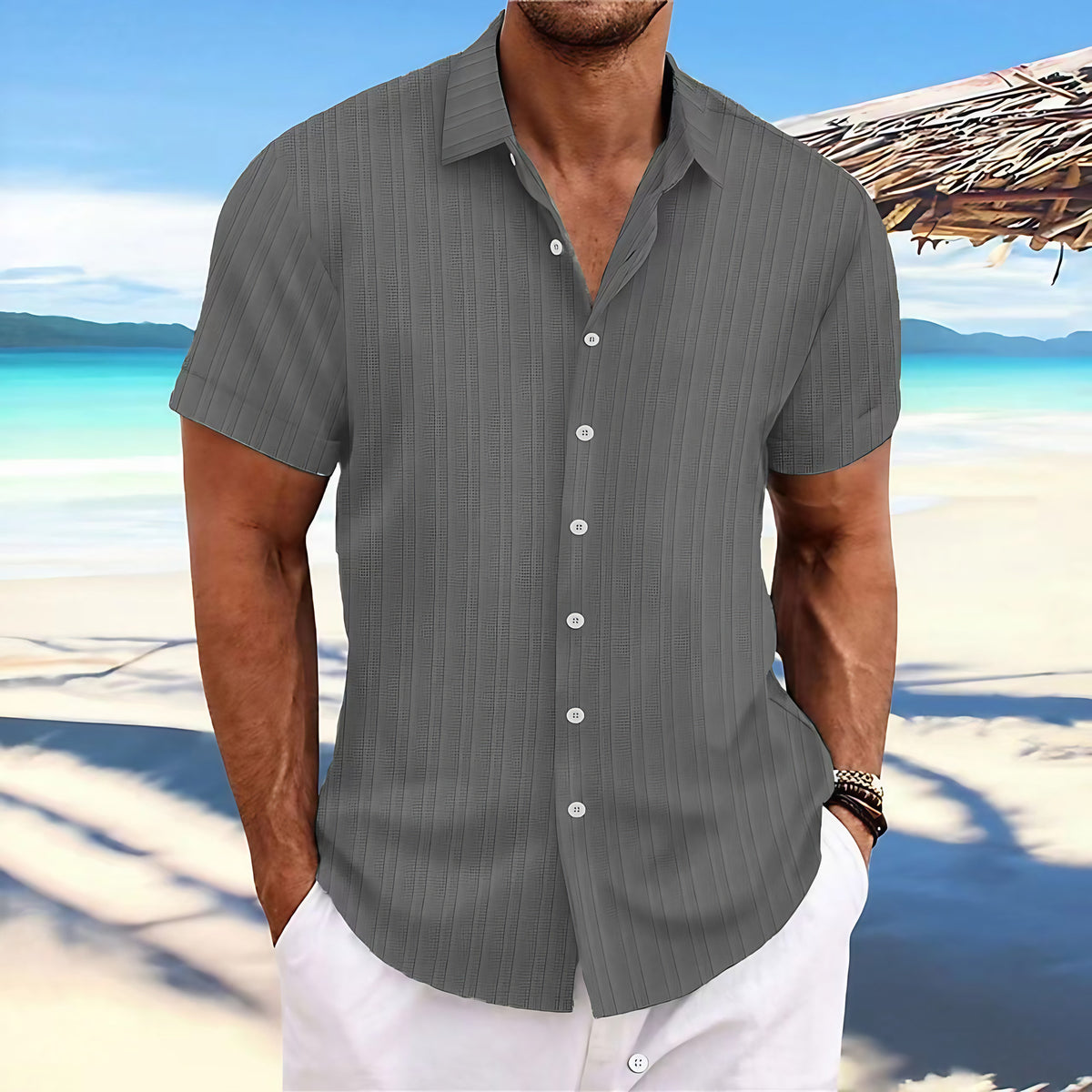 Chemise rayée homme à fines rayures, quinze coloris, gris foncé