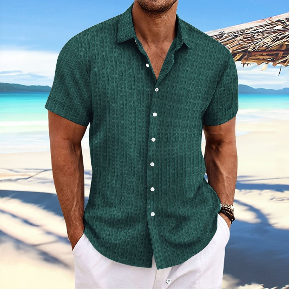 Chemise rayée homme à fines rayures, quinze coloris, vert foncé
