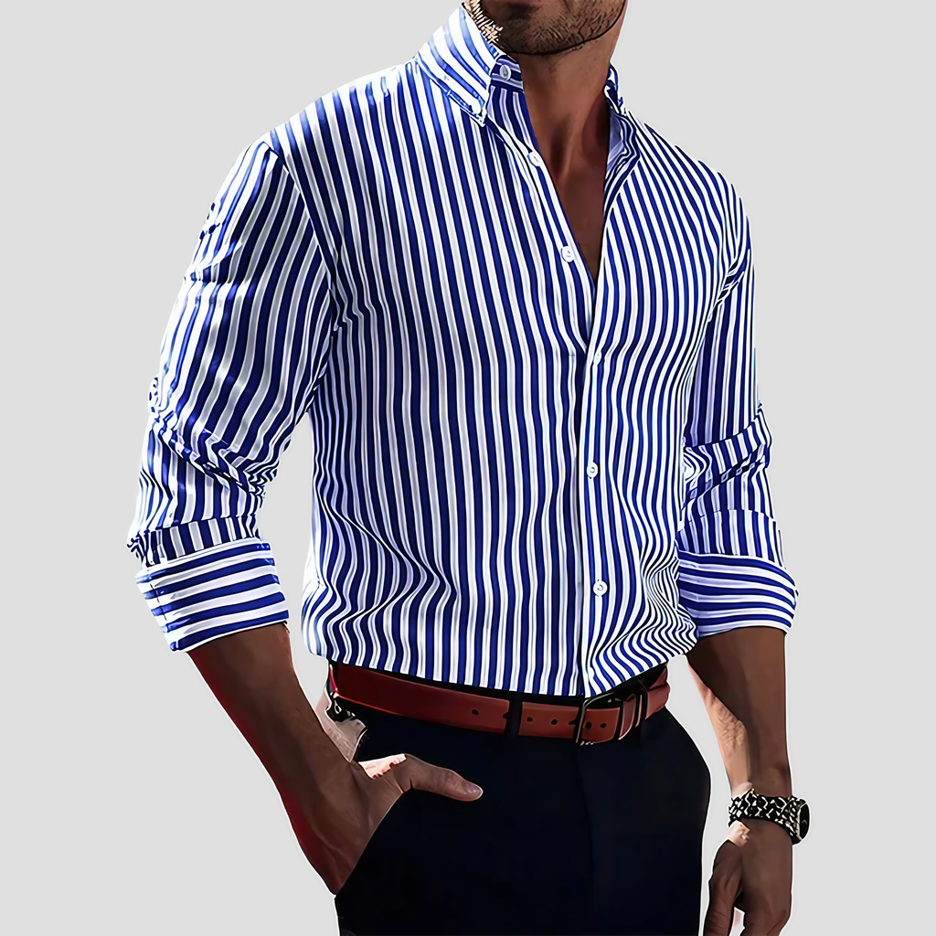Chemise rayée homme à manches longues, coupe ajustée, bleu