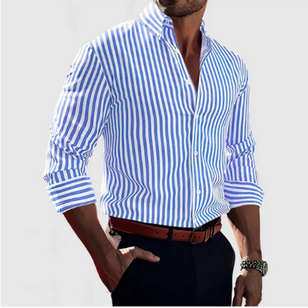Chemise rayée homme à manches longues, coupe ajustée, bleu clair