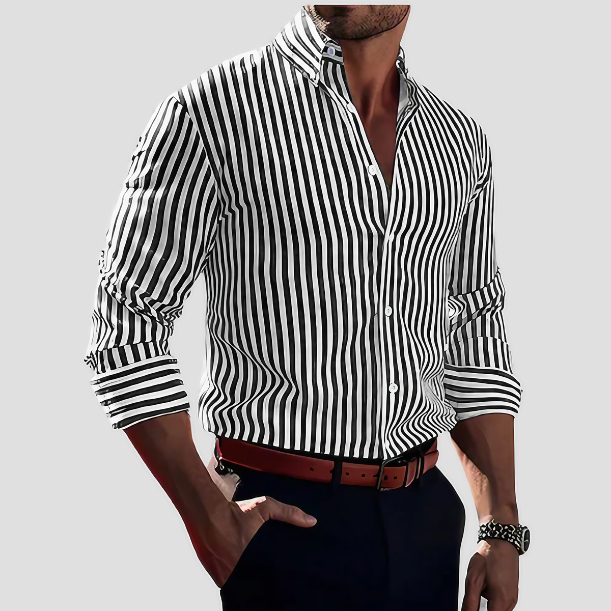 Chemise rayée homme à manches longues, coupe ajustée, noir