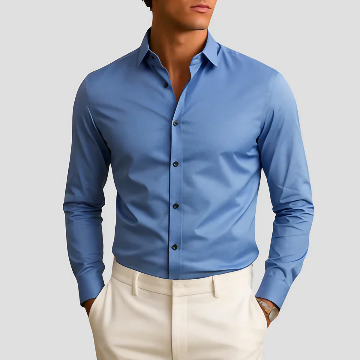 Chemise slim homme à boutons contrastés, six coloris, bleu clair